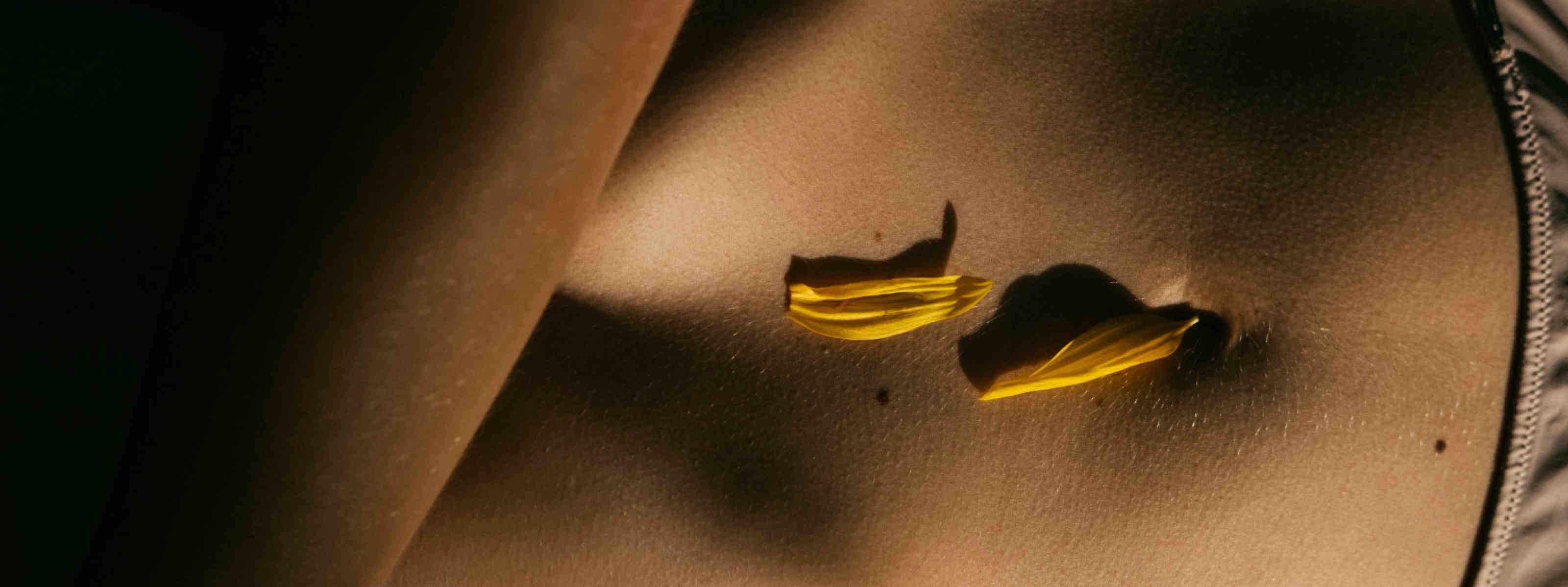 a dimly lit image of a person's stomach with two yellow flower petals
