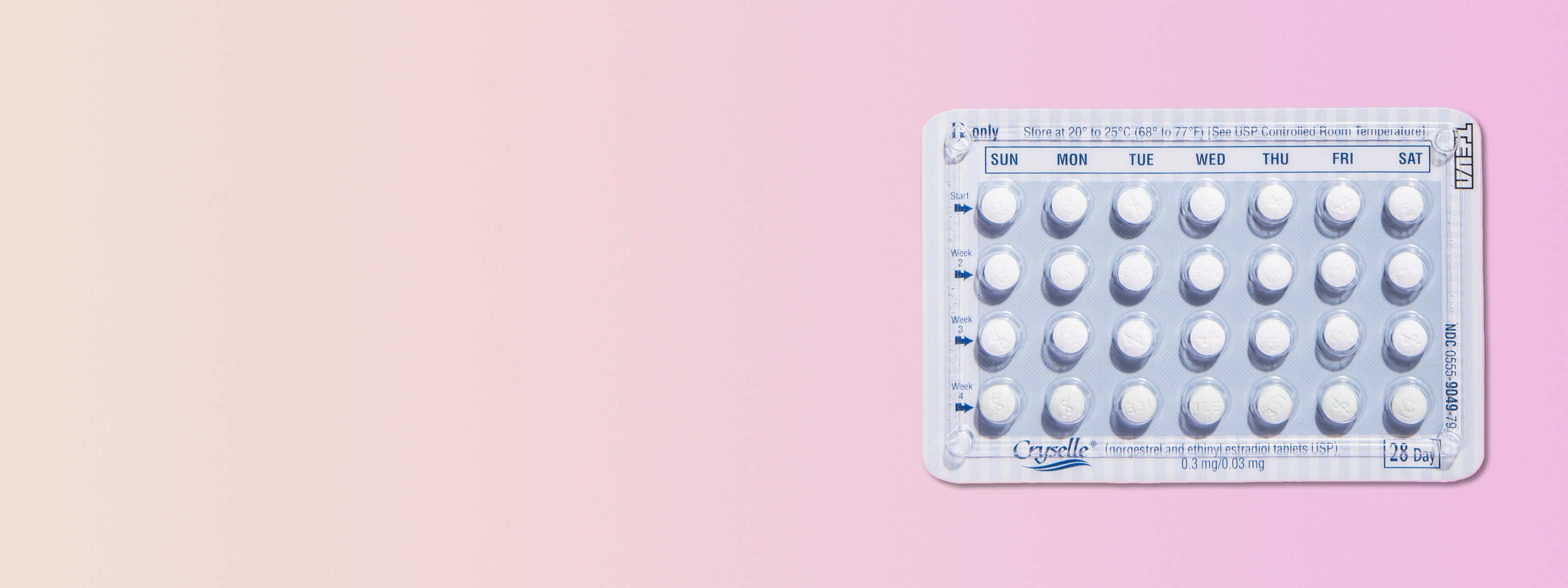 birth control pack of ocella in front of a pink and beige background