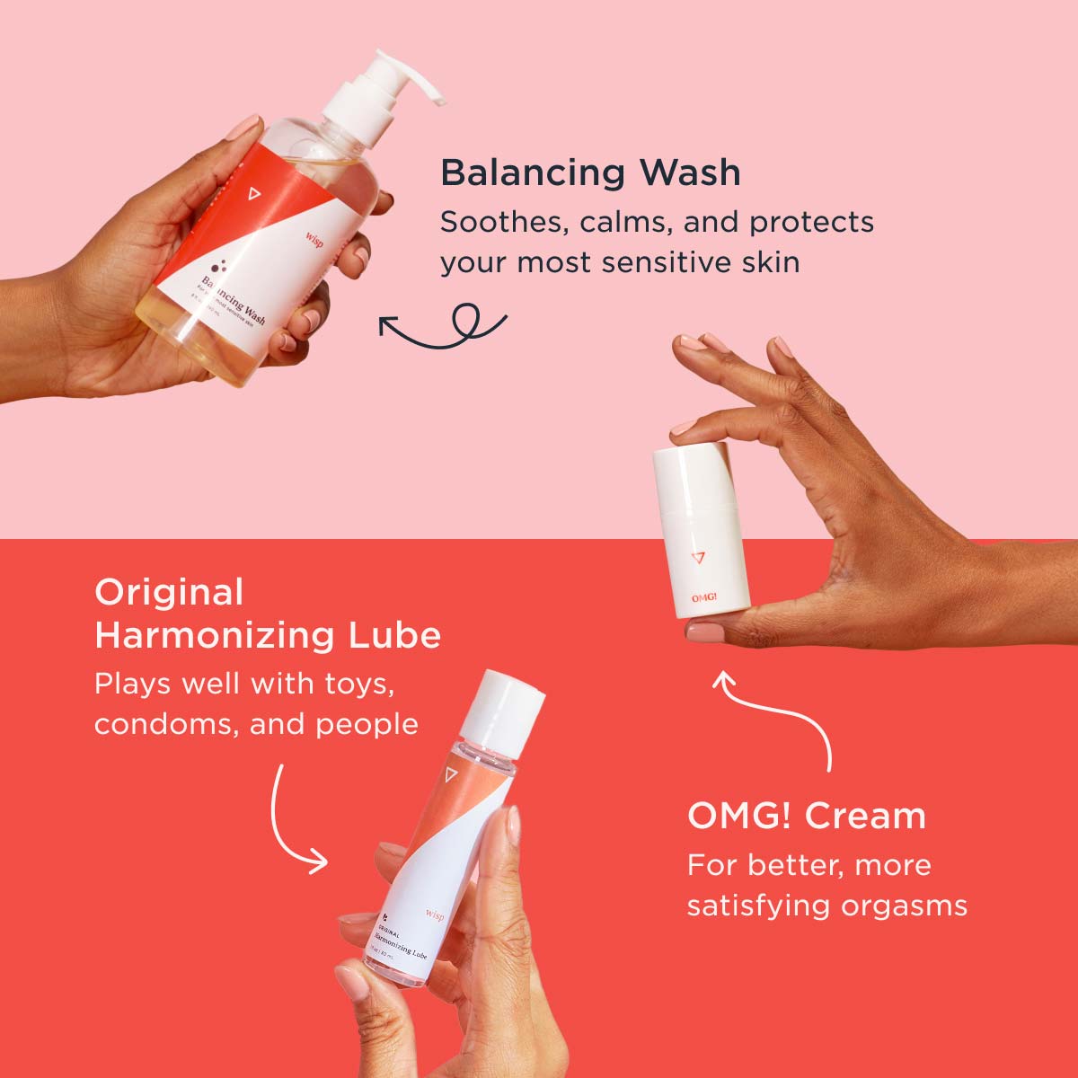 Graphic of 3 hands holding each bundle product and highlighted info about each product on a pink and red background