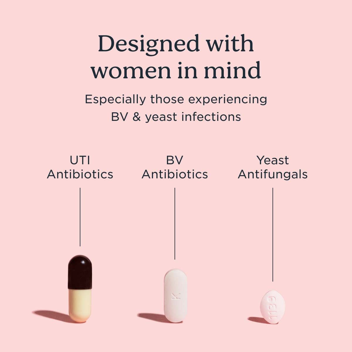 3 Vaginal Health pills on a pink surface with descriptive text