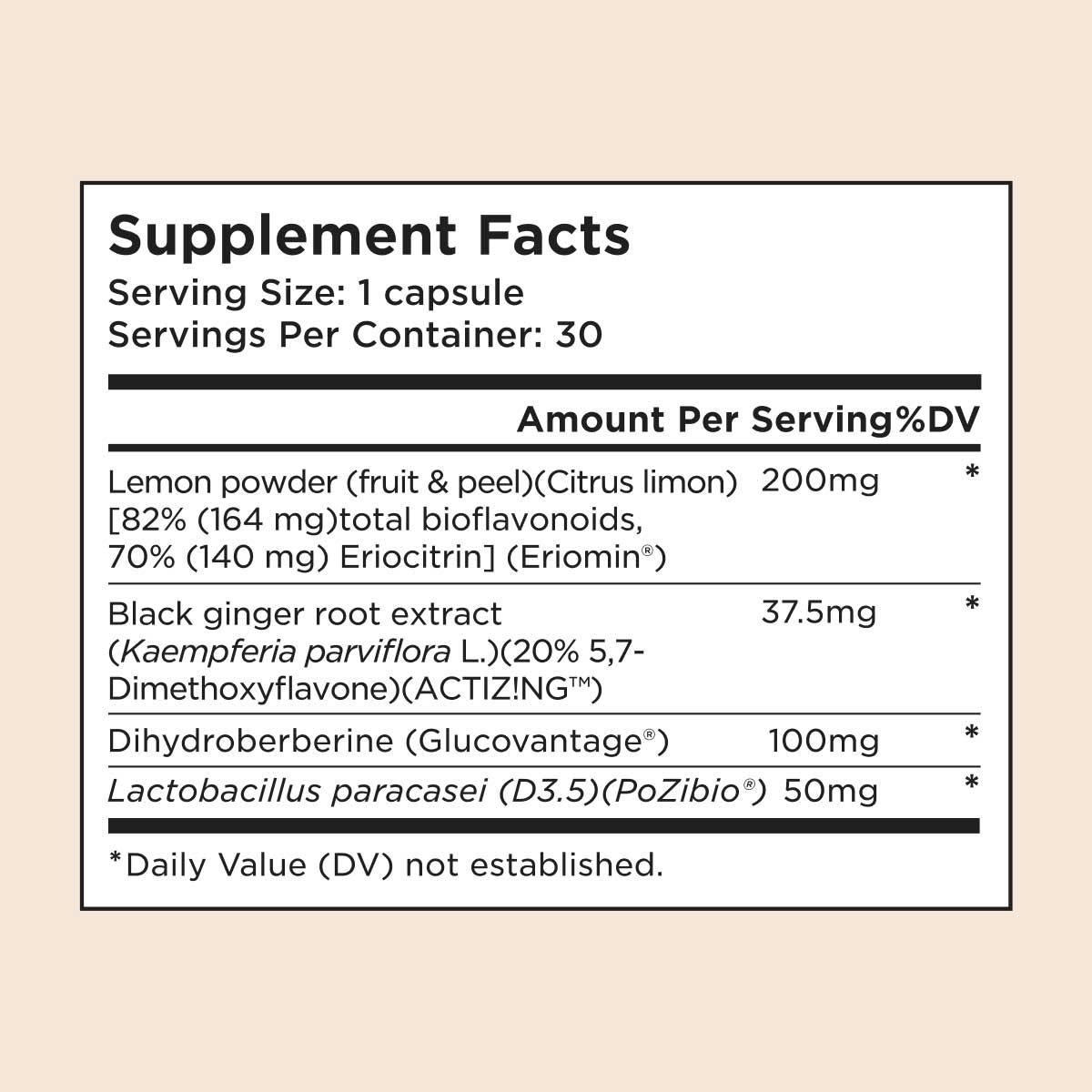 The nutrition panel for Wisp Metabolic Support & GLP-1 Boost supplement on a pink background