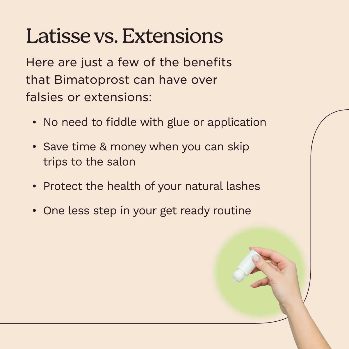 A person's hand holding a dropper bottle of Bimatoprost and and applicator brush with info about the difference between Latisse and lash extensions