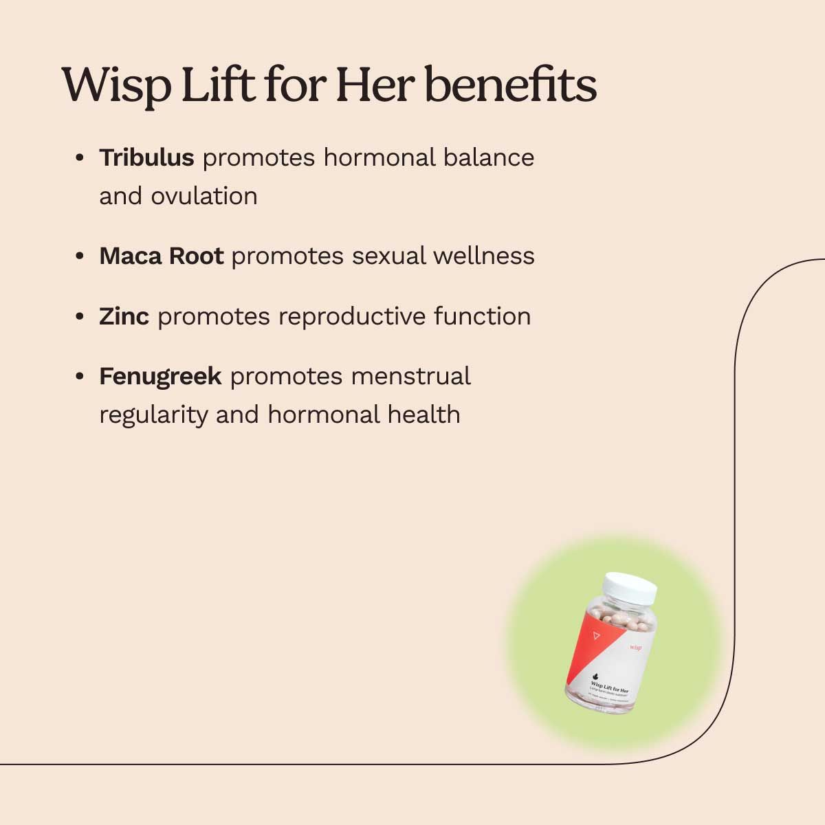 Wisp Lift for Her bottle on a light green circle with ingredient callouts
