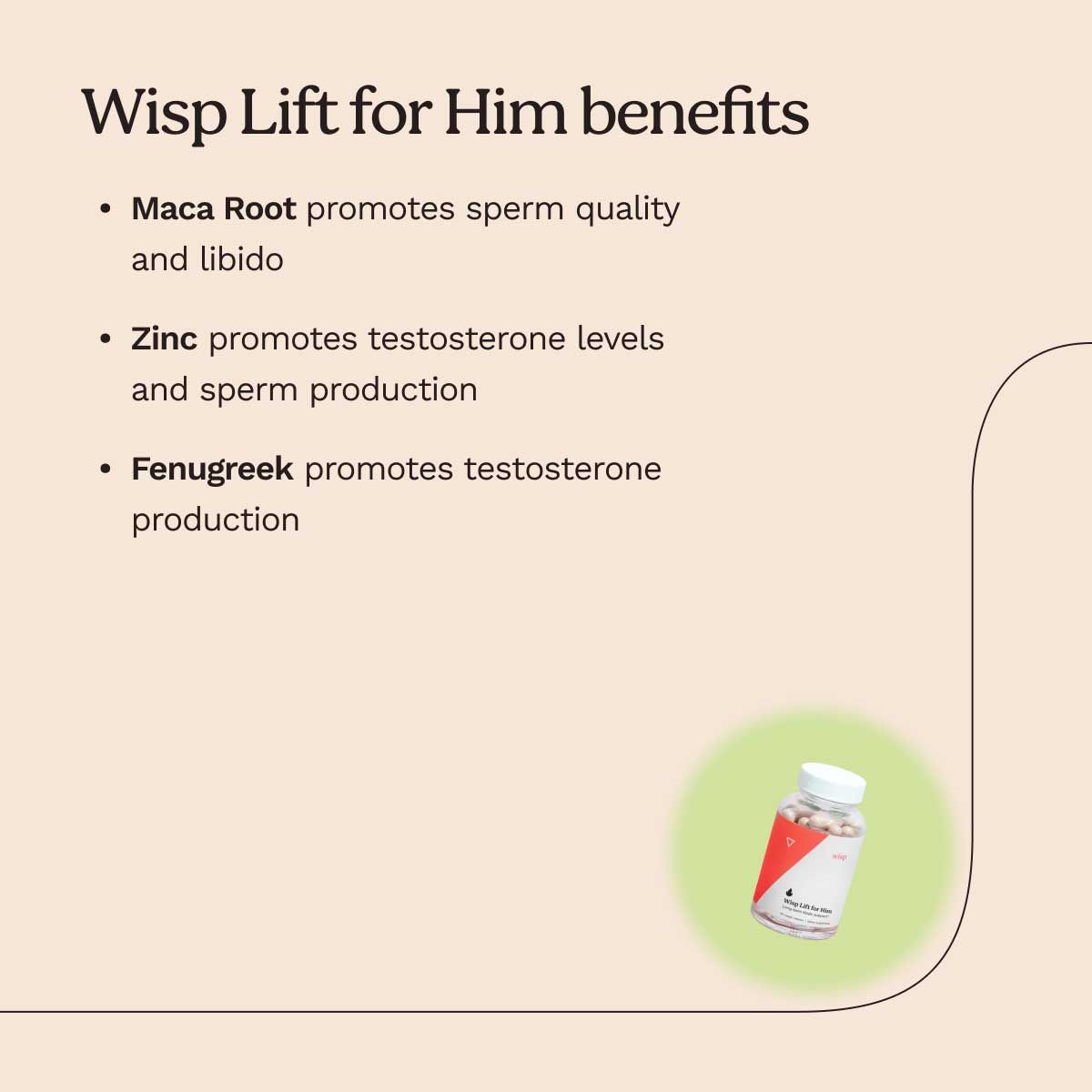 Wisp Lift for Him bottle on a light green circle with ingredient callouts