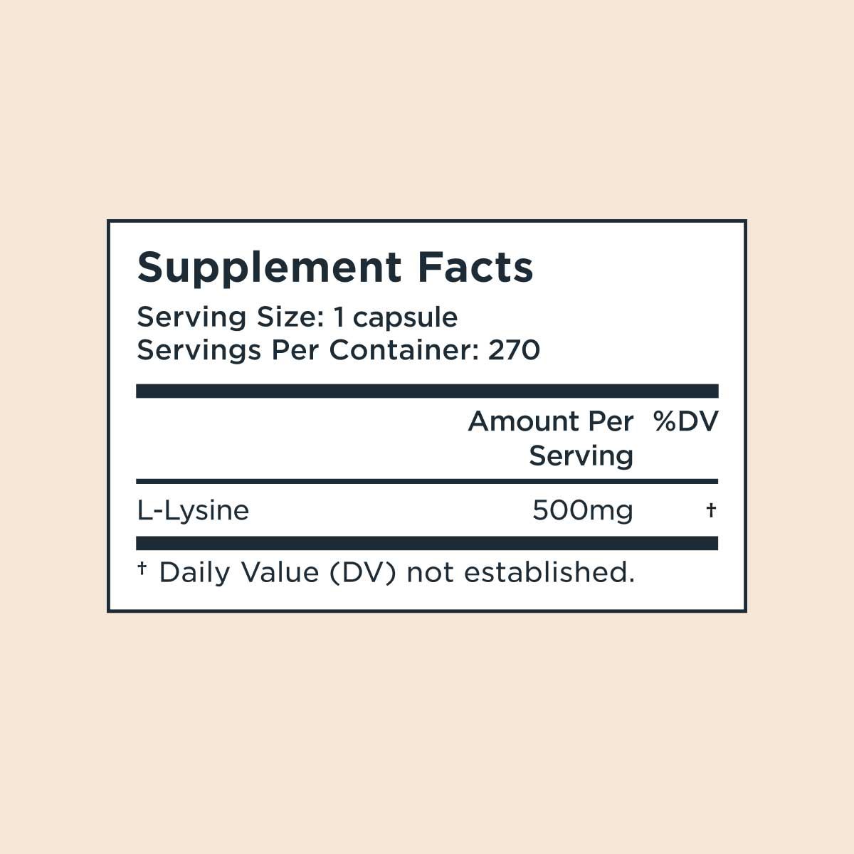 Supplement Facts for L-Lysine on a light cream background