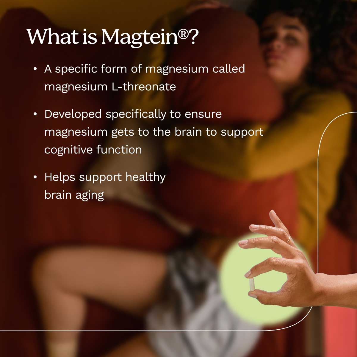 Information about Magtein with an ambient image in the background of a woman sleeping