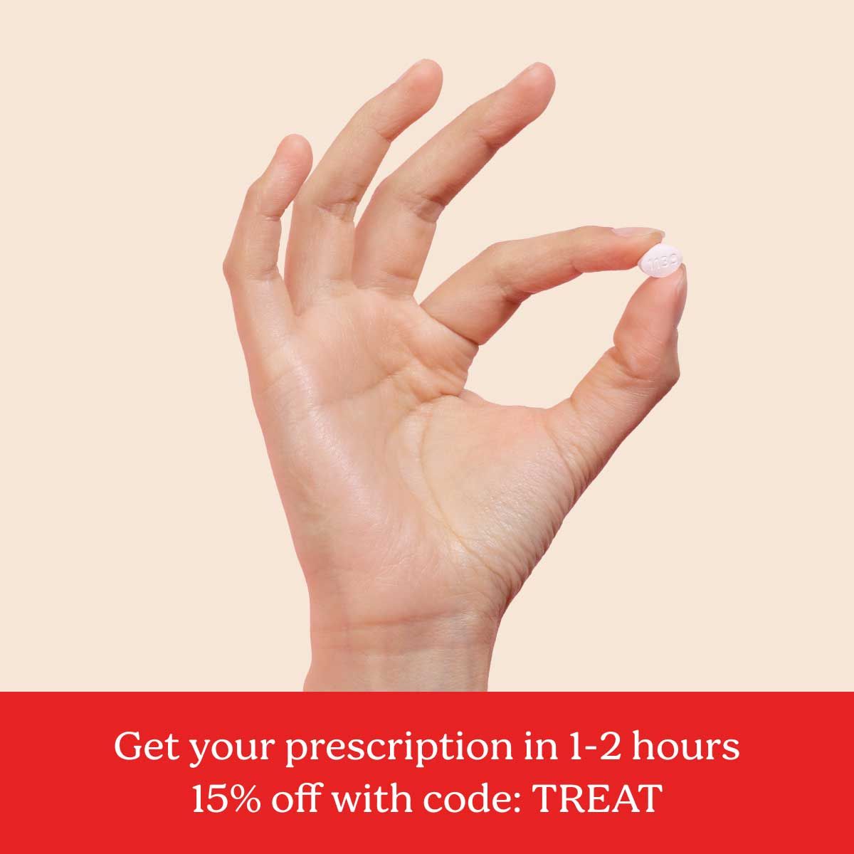 a hand holding Yeast treatment on a cream background above text that says Get your prescription in 1-2 hours, 15% off with code YEAST15