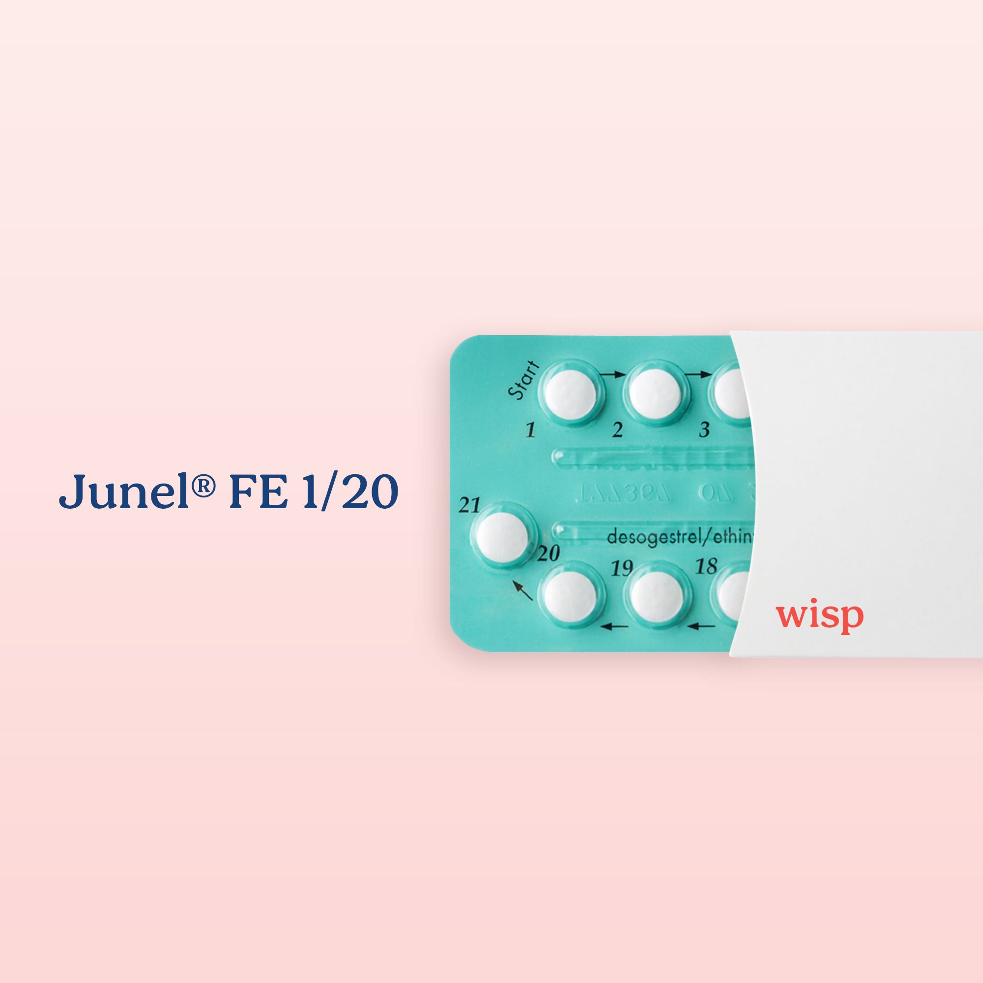 Packet of Junel FE birth control pills on a pink background