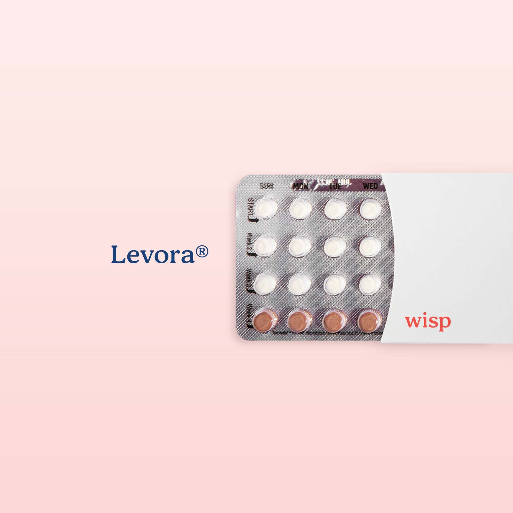 Packet of Levora birth control pills on a pink background