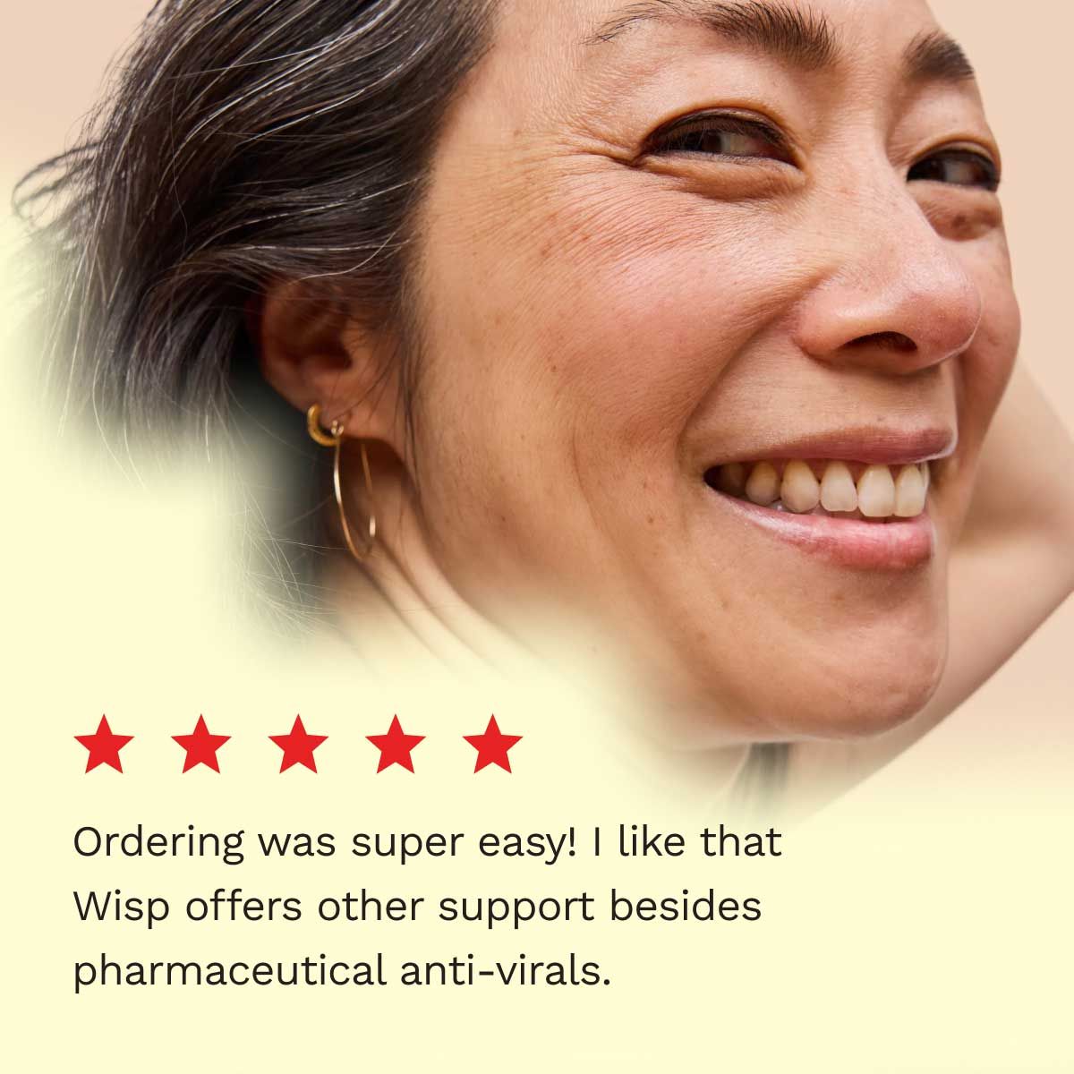 5 star customer review for all-natural herpes treatment with a smiling woman in the background