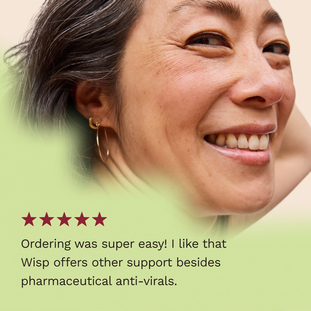 5 star customer review for all-natural herpes treatment with a smiling woman in the background
