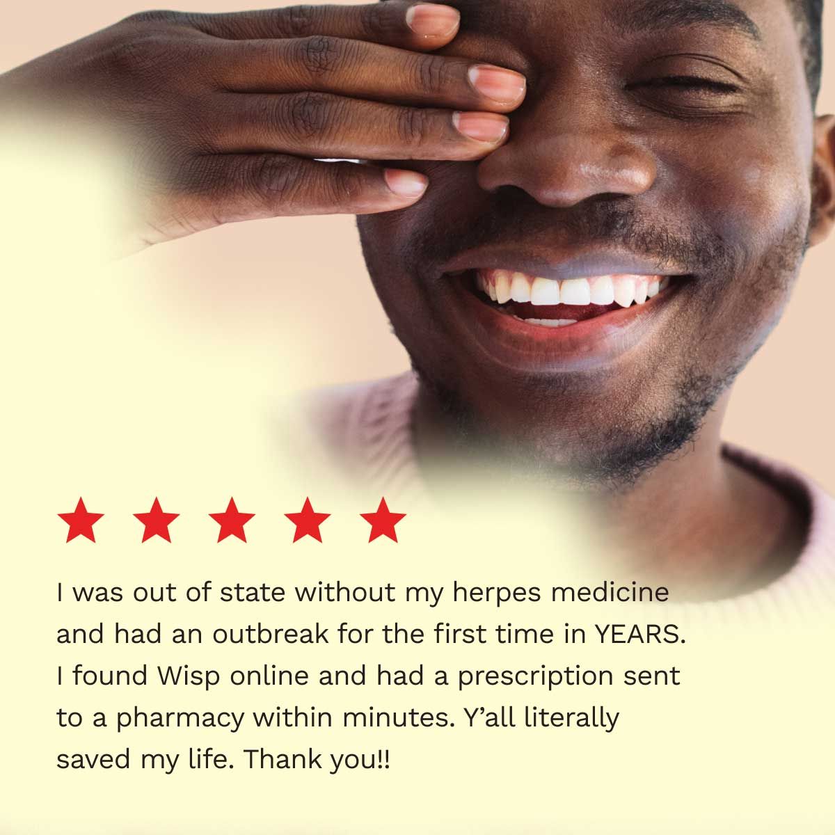 5 star customer review for herpes treatment a smiling man in the background