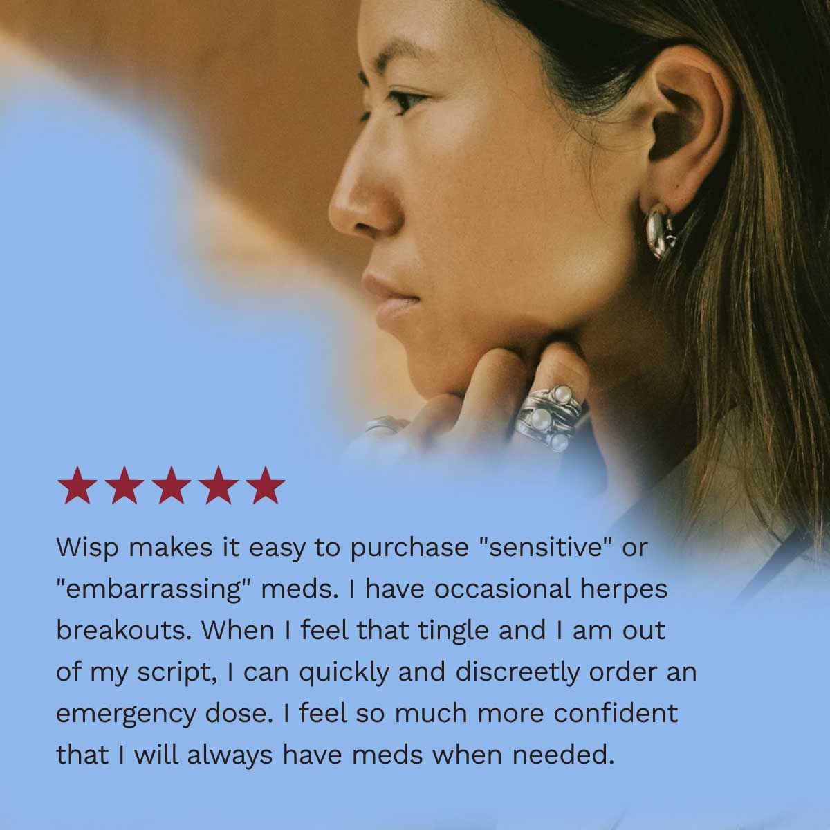 5 star customer review for Herpes treatment with a contemplative woman in the background