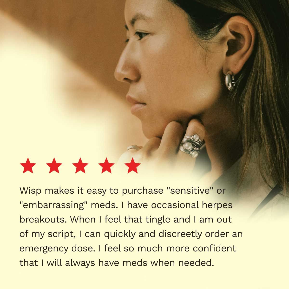 5 star customer review for herpes treatment with a contemplative woman in the background