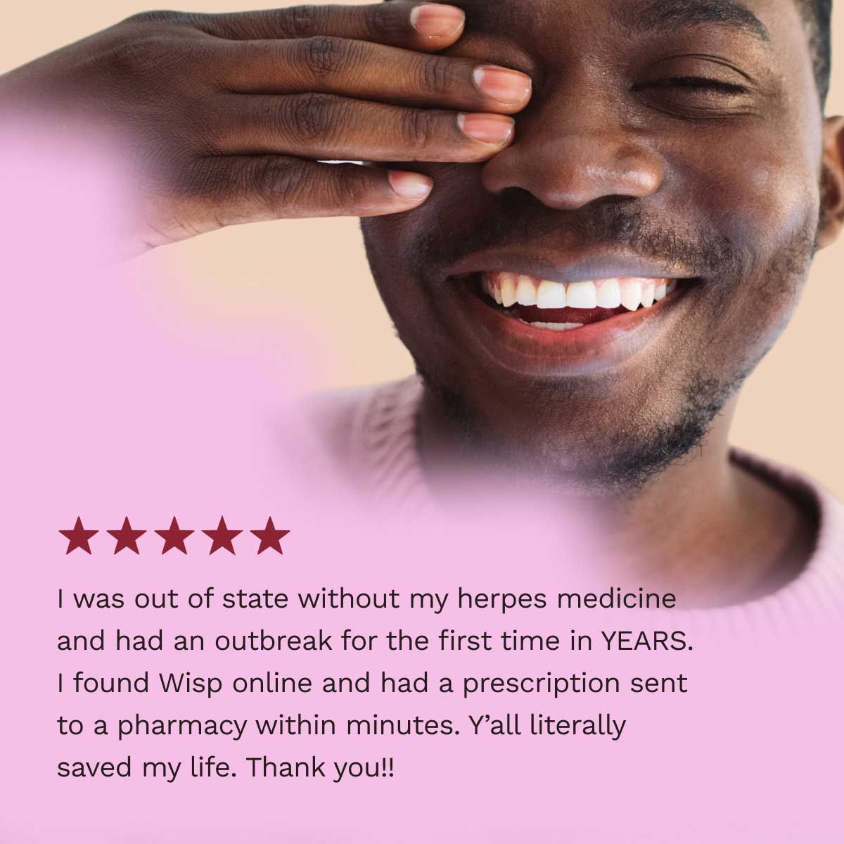 5 star customer review for Herpes Treatment with a smiling man in the background