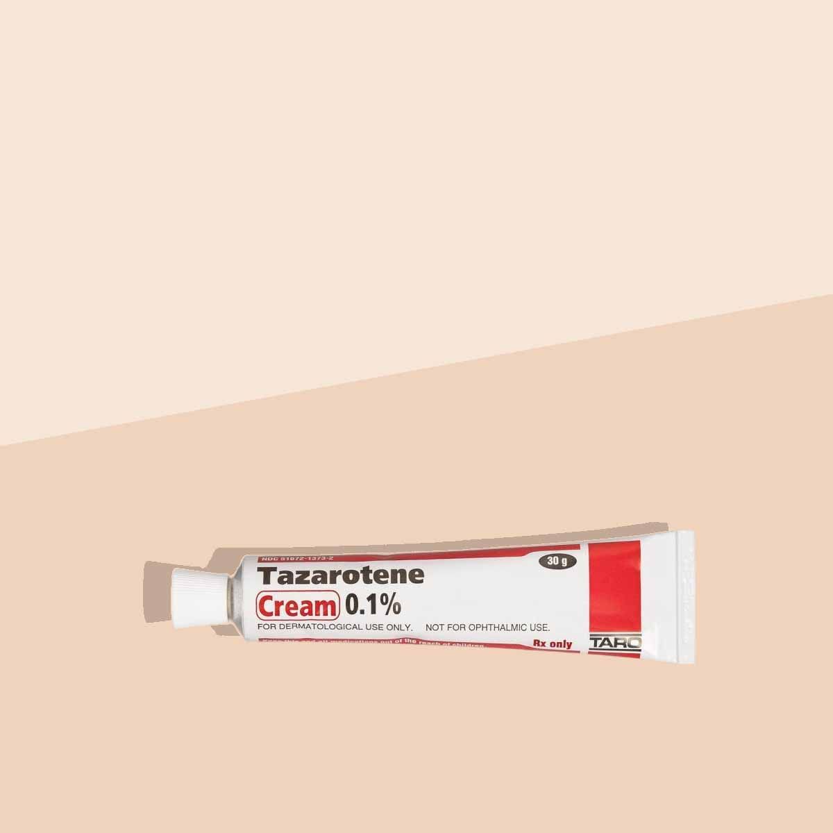 A tube of Tazarotene on a cream surface