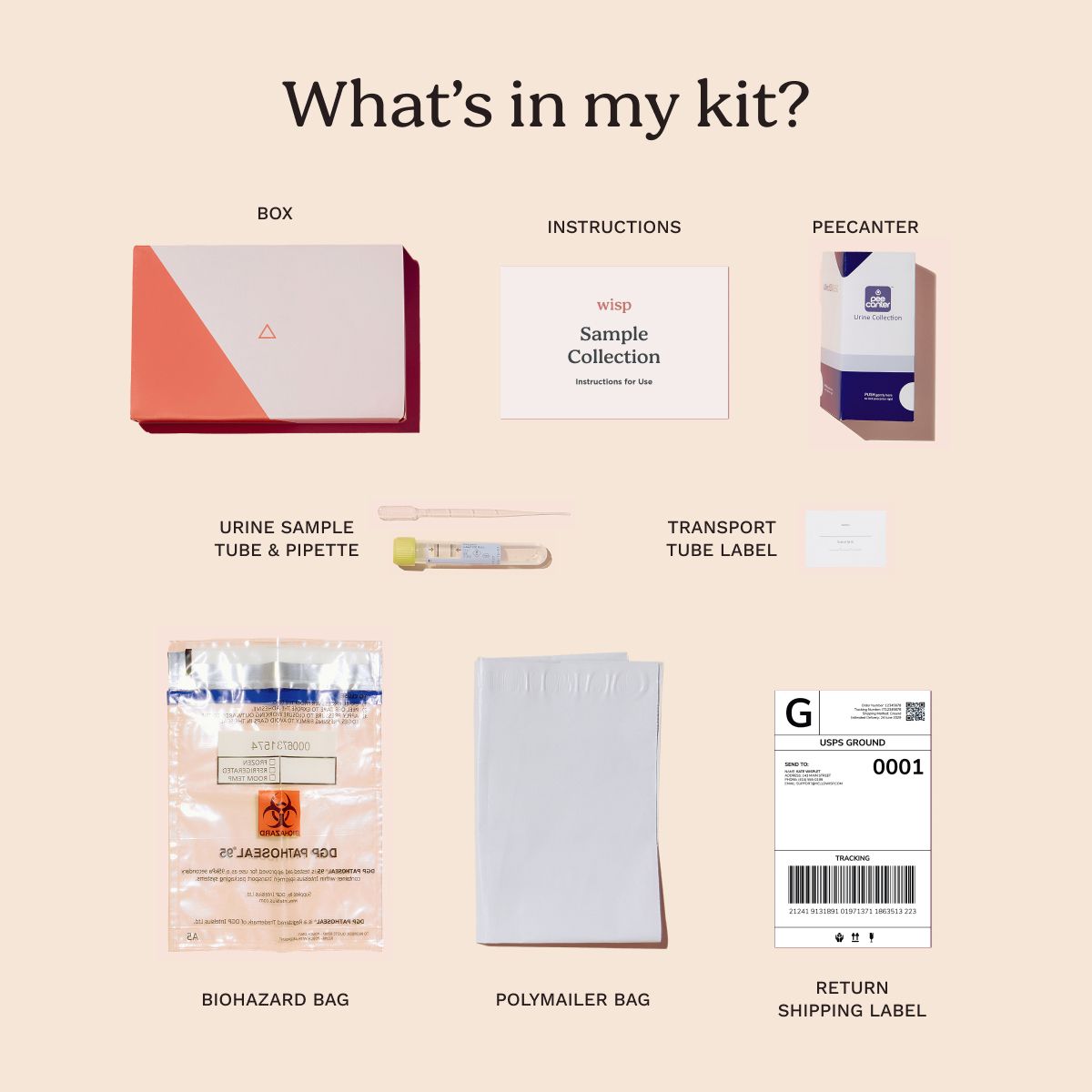 a diagram showing every item in the Wisp at-home urine testing kits