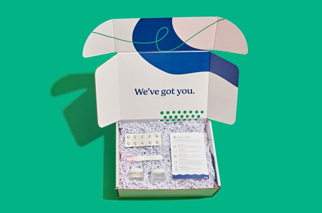 Wisp shipping box with abortion medication on a green background