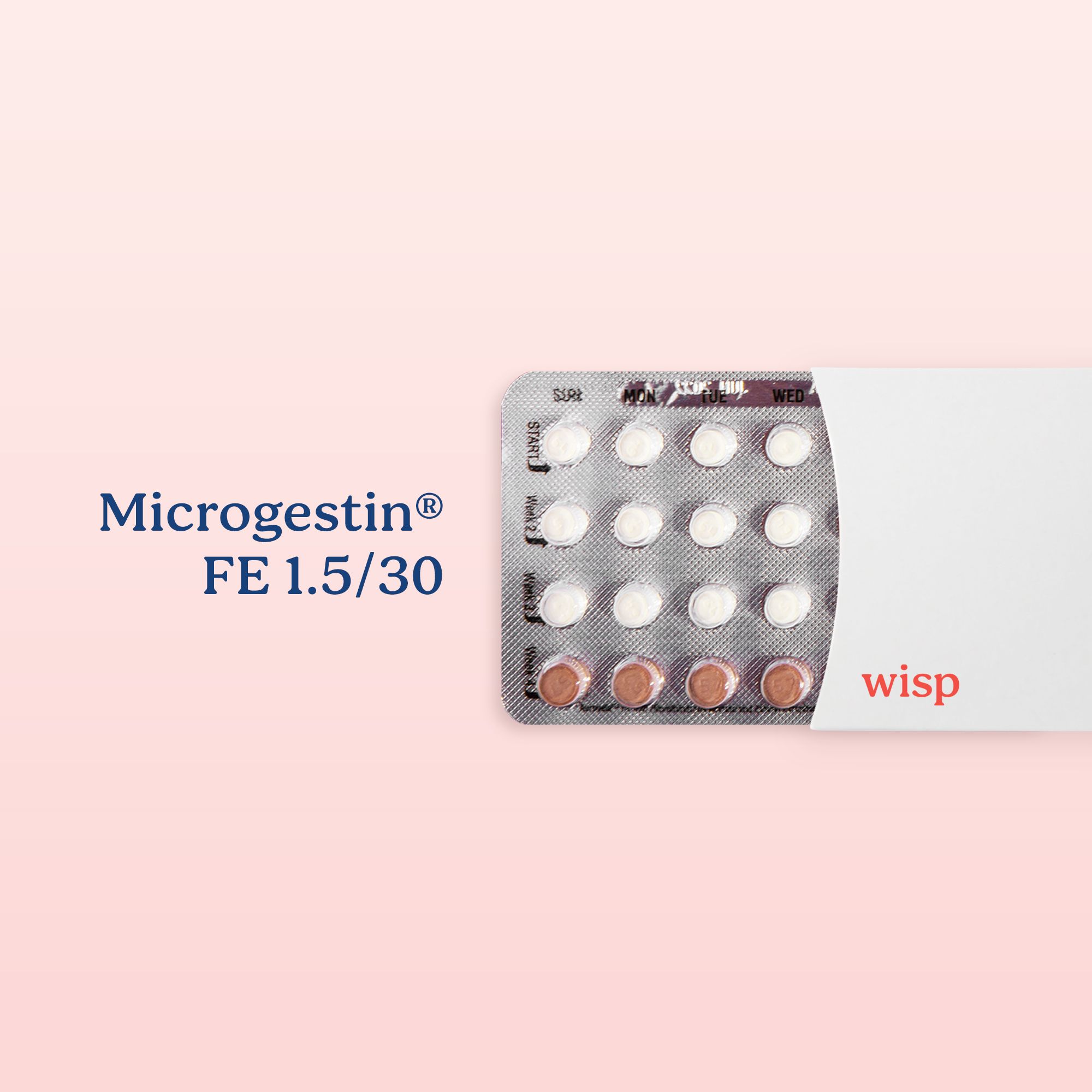 Packet of Microgestin birth control pills on a pink background
