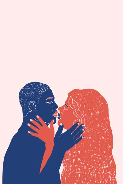 An illustration by Laxmi Hussain of a blue man and red woman with with their hands on each other's faces in an intimate gesture