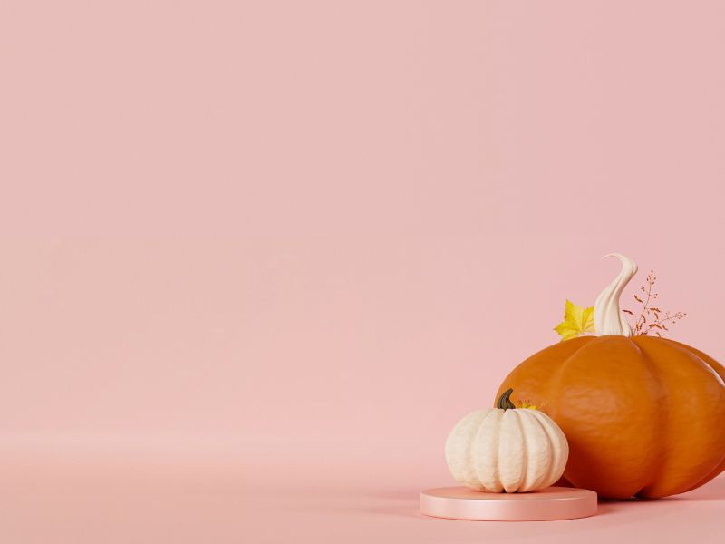 A large orange pumpkin and a small white pumpkin sitting on a pink surface