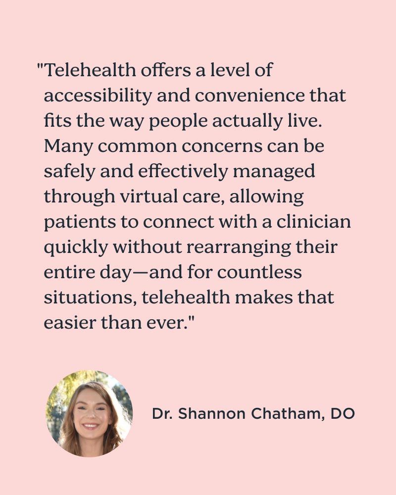 A provider quote about telehealth with Dr. Shannon Chatham's headshot on a pink background