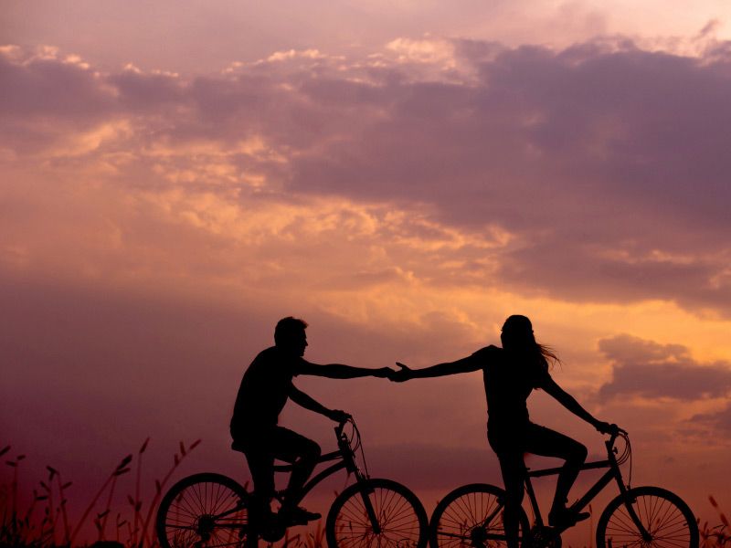 silhouettes of a couple holding hands on bicycles