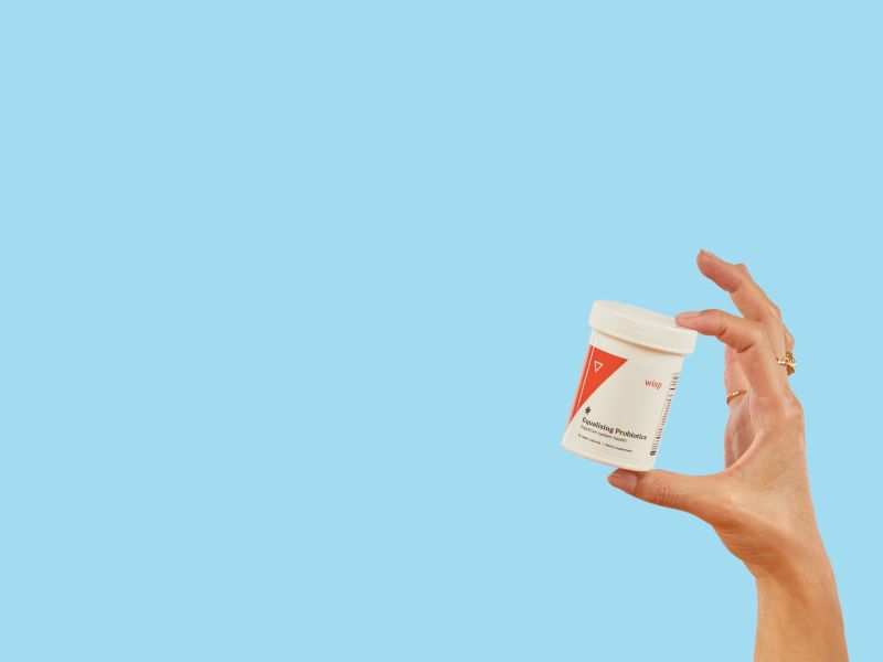 Hand holding Wisp Equalizing Probiotics on light blue background
