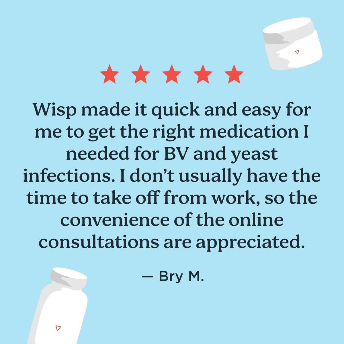 5 star customer review for BV treatment with product illustrations on a blue background