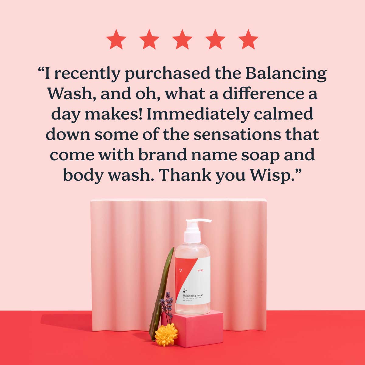 5 star customer review for Balancing Wash with colorful product imagery in the background