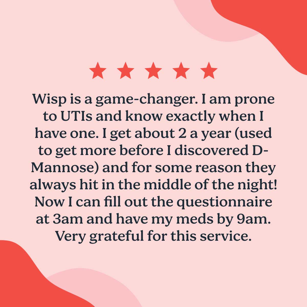 5 star customer review for D-Mannose UTI prevention with colorful abstract shapes on a pink background