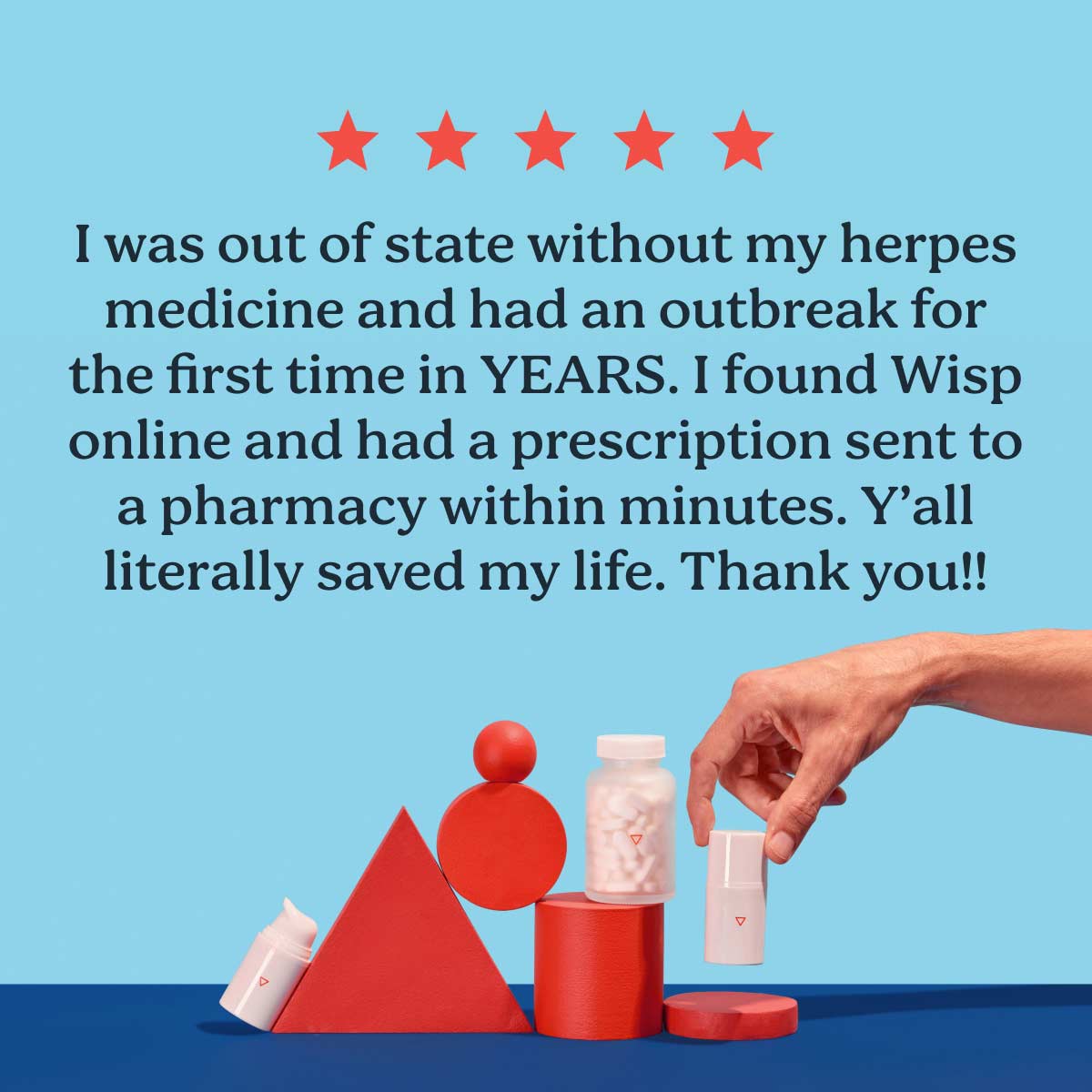 5 star customer review for herpes treatment with colorful product imagery in the background