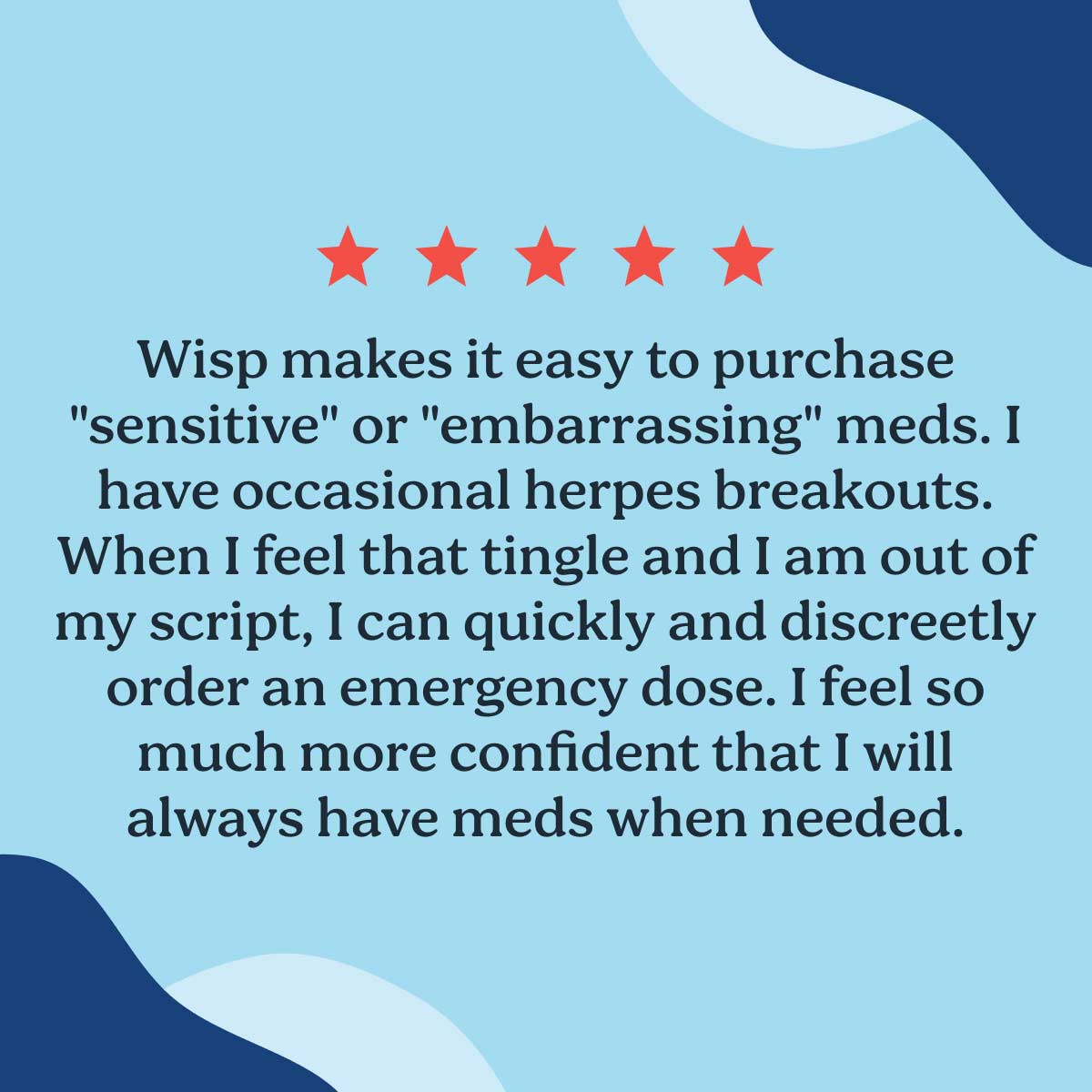 5 star customer review for herpes treatment with colorful abstract shapes on a blue background