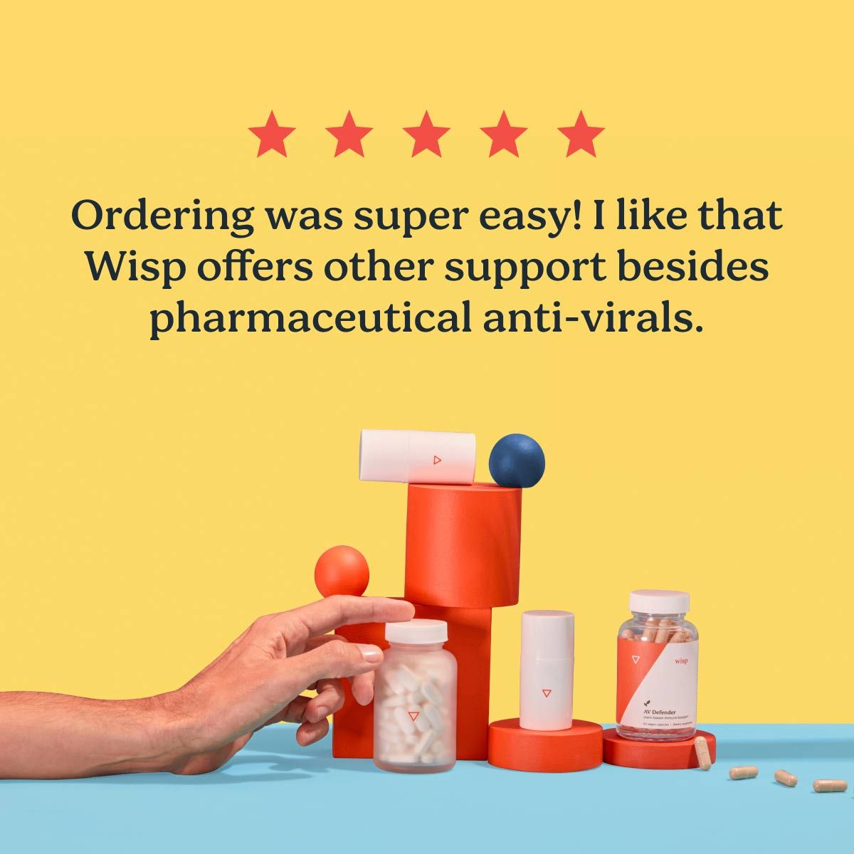  5 star customer review for all-natural herpes treatment with colorful product imagery in the background