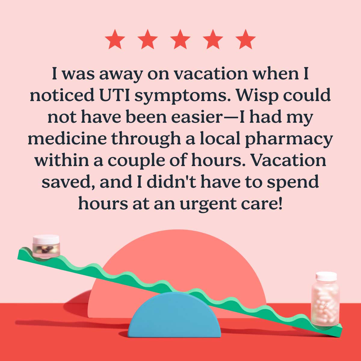5 star customer review for UTI treatment with colorful product photography in the background