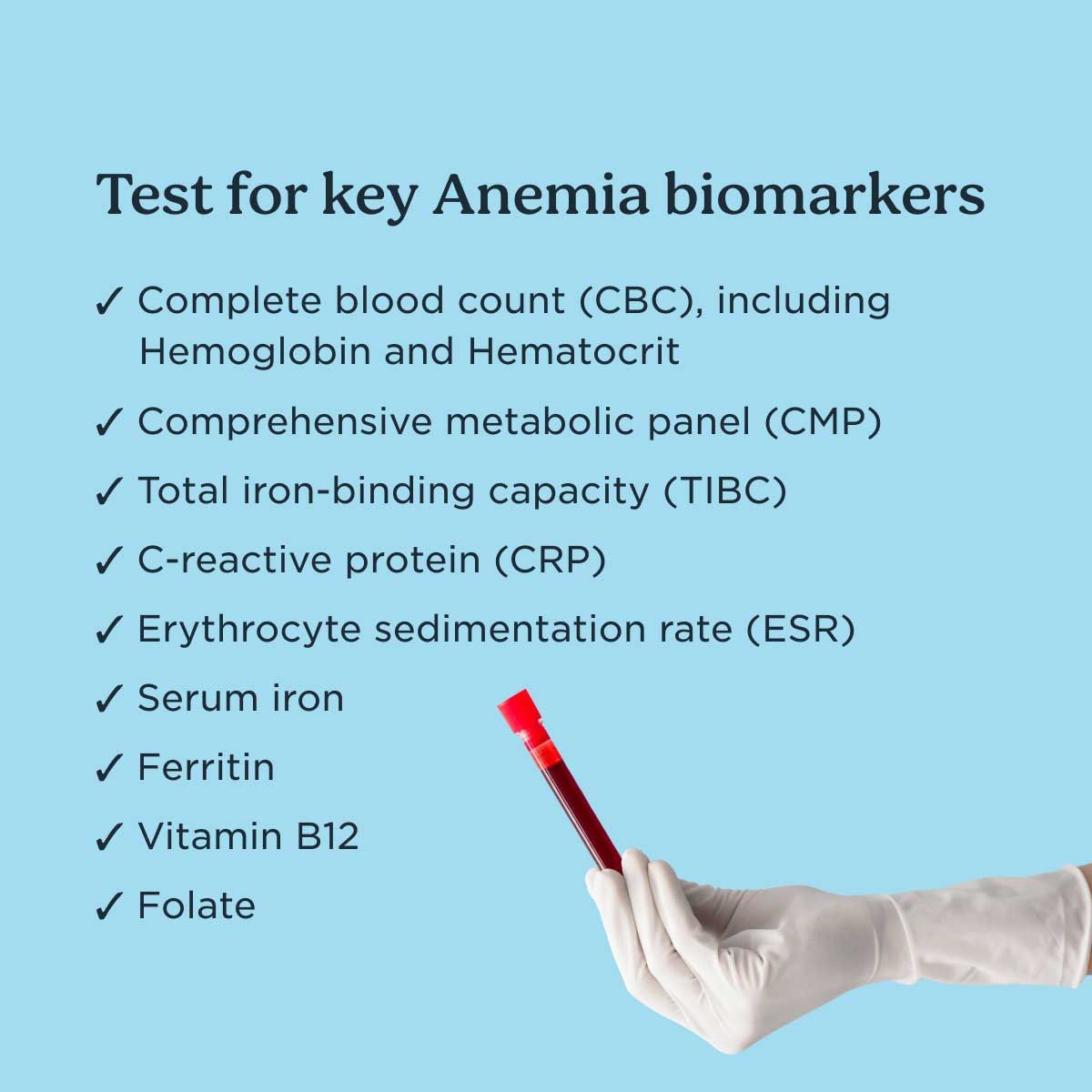 A medical professional's gloved hand holding a vial of blood with testing biomarkers listed on a light blue background