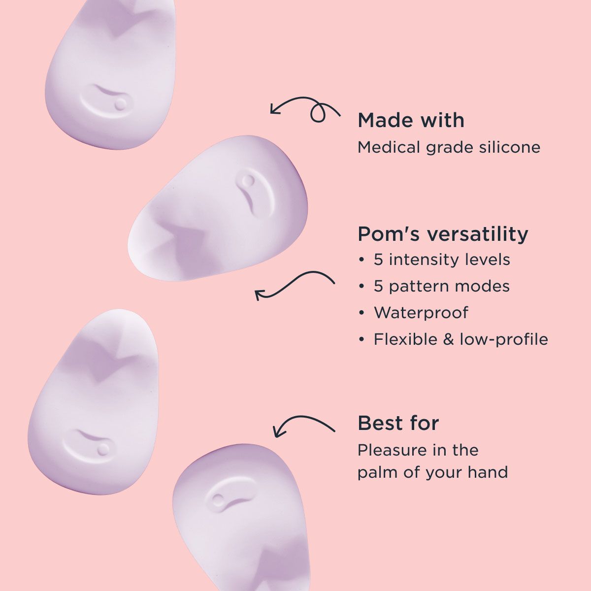 Graphic featuring Dame Pom Flexible Vibrator and info about the product on a pink background