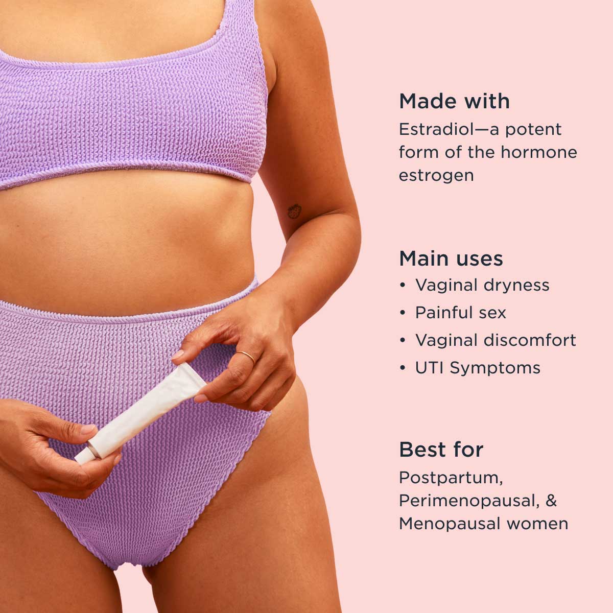 Graphic featuring a model holding Estradiol Cream with info about the product on a pink background