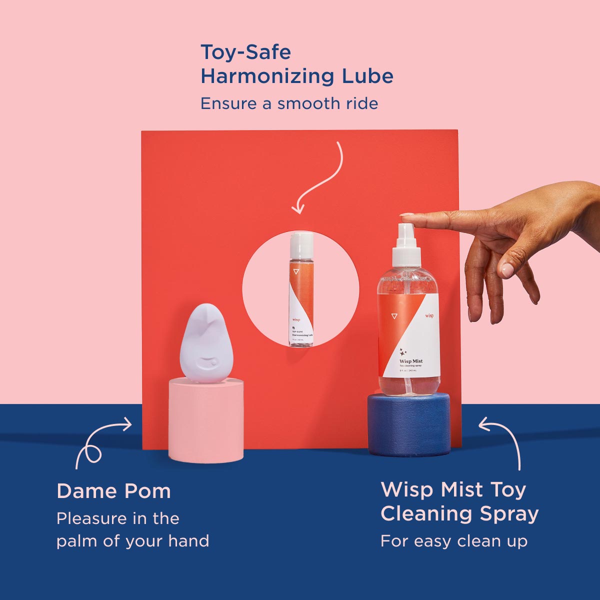 Graphic with Dame Pom, Wisp Mist, and Toy-Safe Lube with info about the products on a pink and blue background