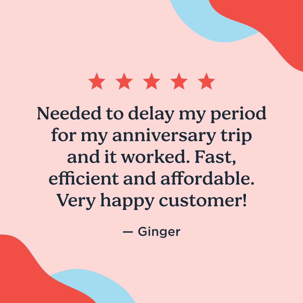 5 start customer review for Norethindrone Acetate to Delay Your Period with colorful abstract shapes on a pink background