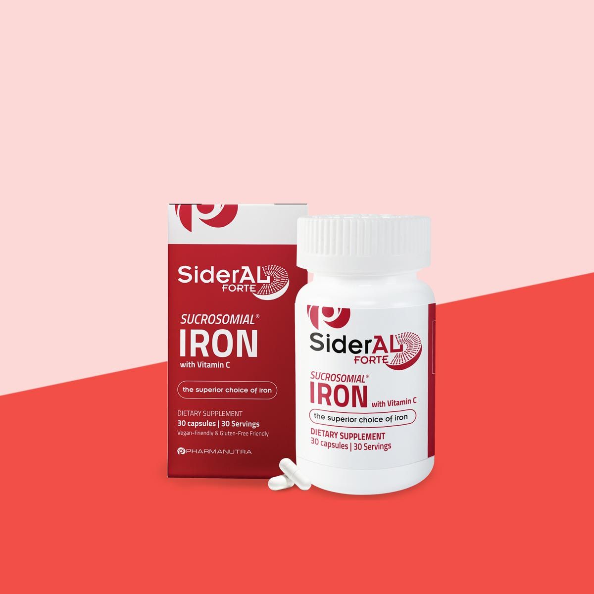 SiderAl Forte Sucosomial Iron bottle, box, and pills on a red surface with a pink background