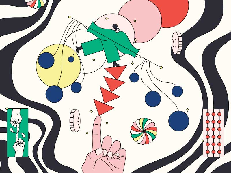 Illustration by artist Allie Sullberg of a woman and colorful abstract shapes balancing on a fingertip with wavy black lines and a birth control packet