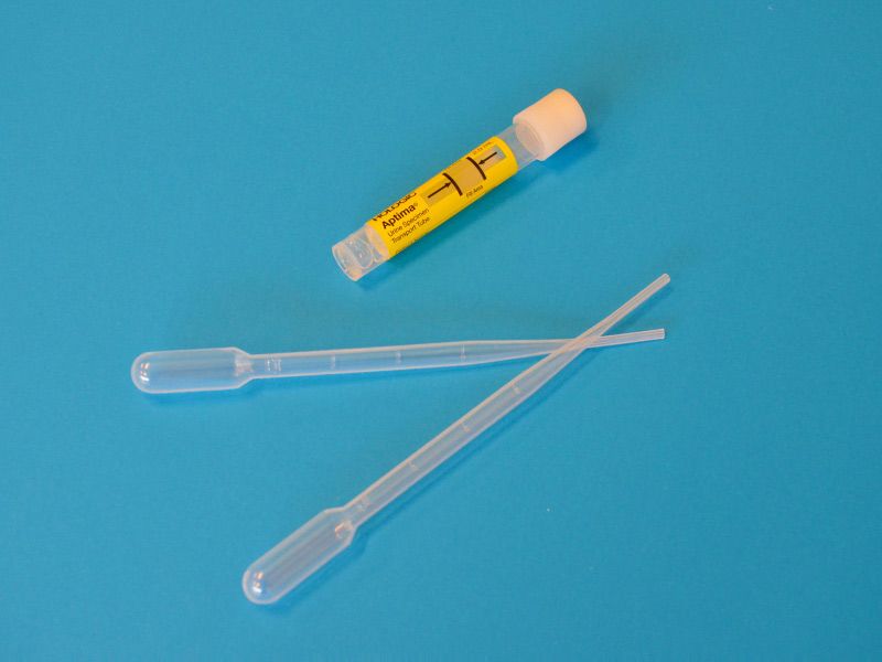 Urine test for UTI objects on a blue background