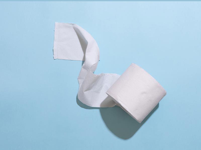 A toilet paper roll on a light blue background