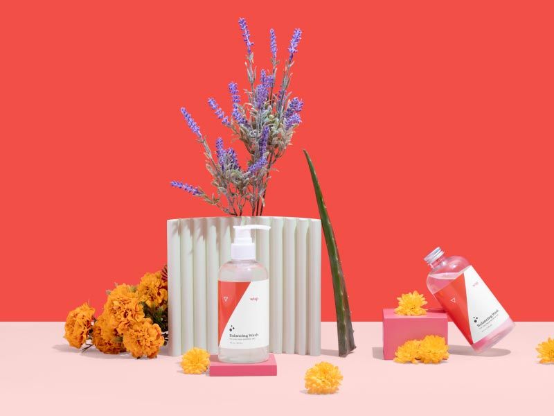 Two bottles of Balancing Wash balanced on colorful abstract shapes with lavender, Aloe Vera and Marigold on a red and pink background