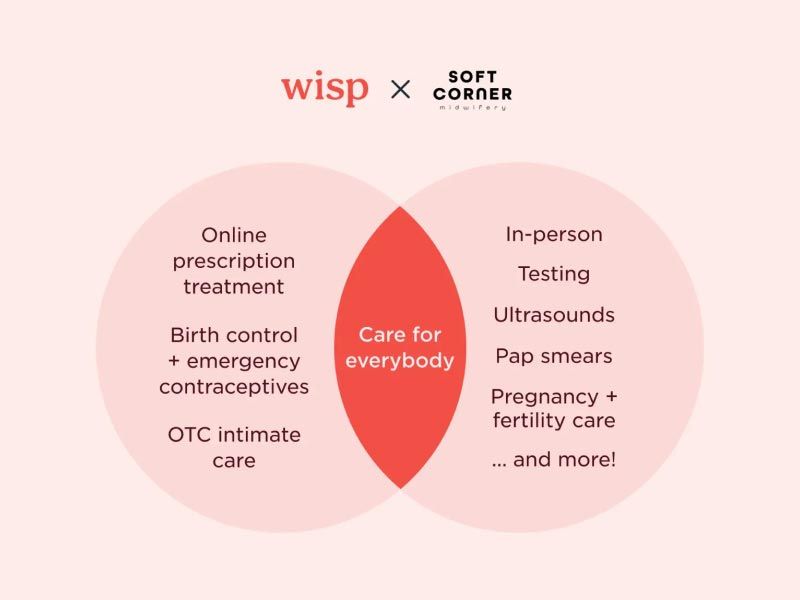 A venn diagram comparing Wisp's services to Soft Corner Midwifery's services and in the middle indicating a well-rounded healthcare experience
