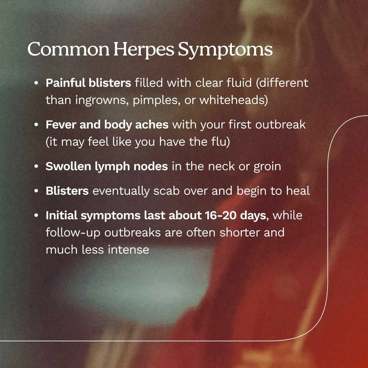 Common herpes symptoms overlaid on an image of a woman with motion blur