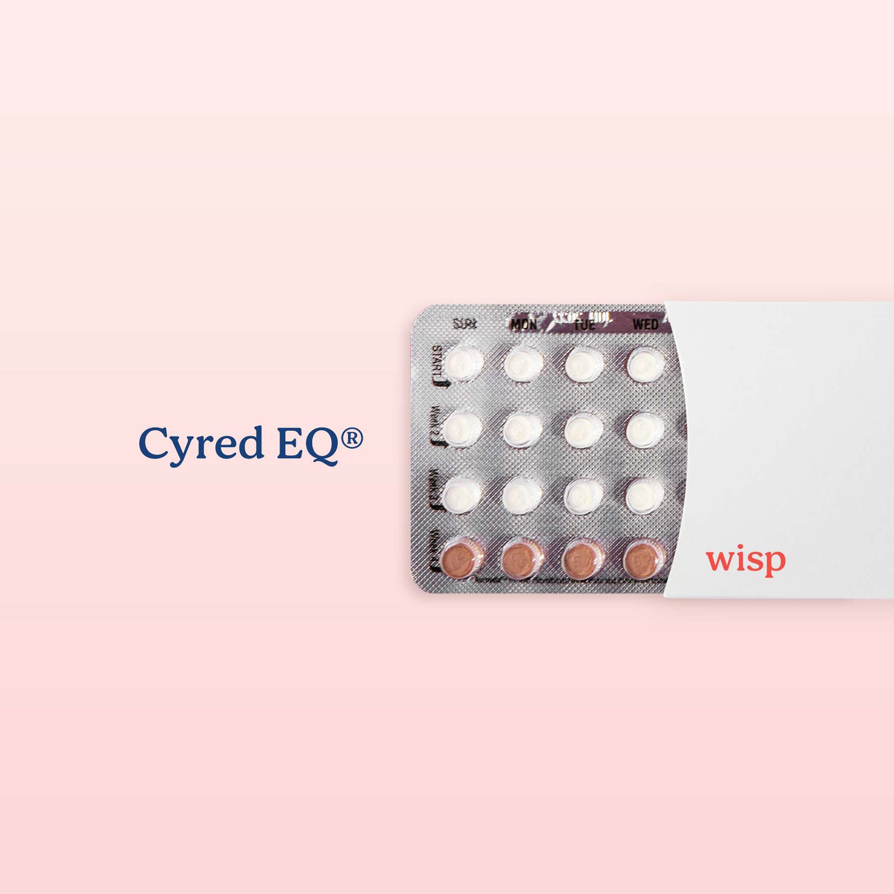 Packet of Cyred EQ birth control pills on a pink background