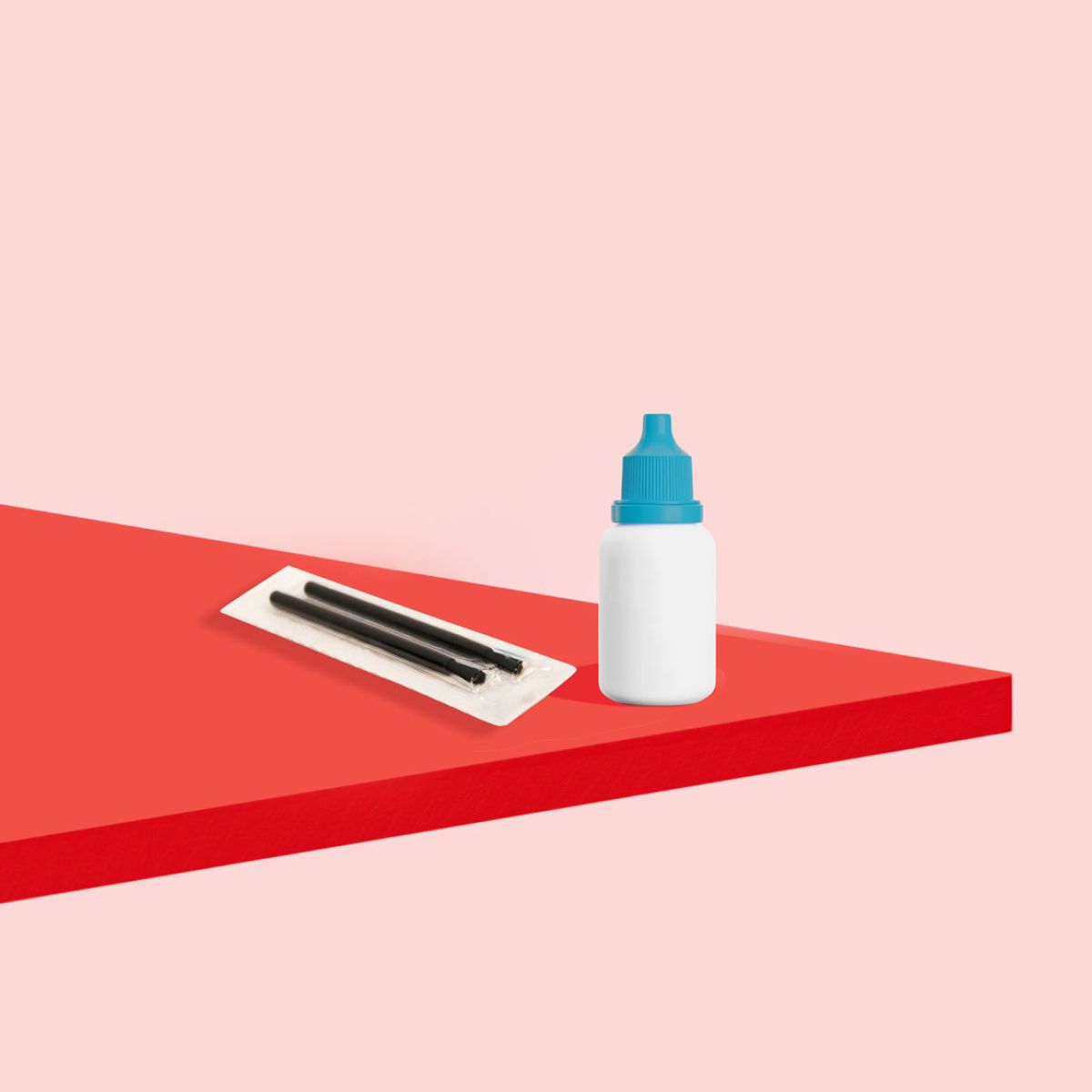 A bottle of Bimatoprost and applicator brushes on a red surface with a pink background