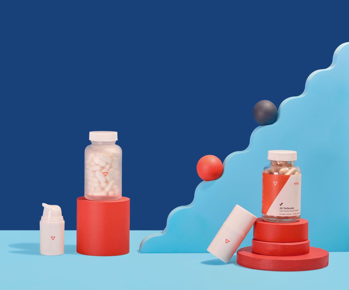 Wisp prescription Herpes treatment and prevention on a blue and red geometric background